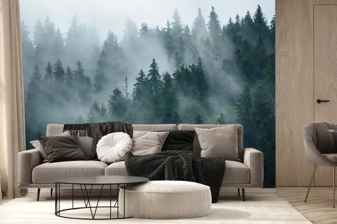 Fototapeta: Mglisty krajobraz lasu w stylu retro