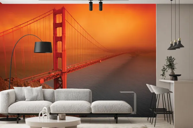 Fototapeta: Mglisty krajobraz z zachodem słońca i golden gate bridge