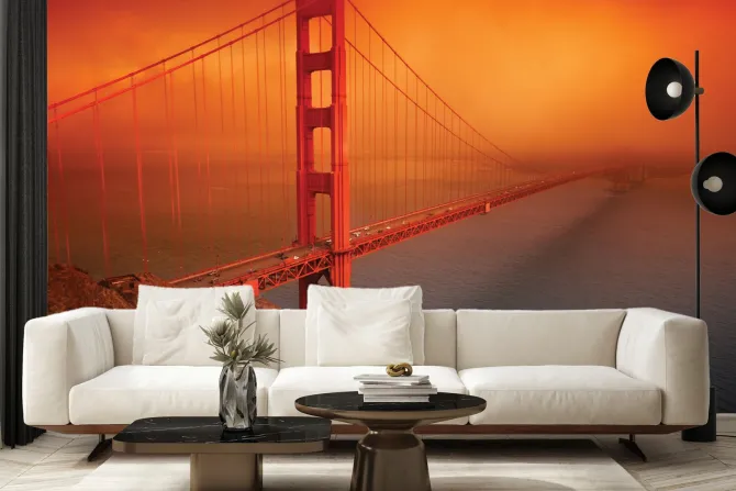 Fototapeta: Mglisty krajobraz z zachodem słońca i golden gate bridge