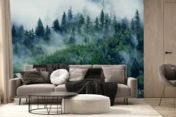 Fototapeta: Mglisty krajobraz z lasem i poranną mgłą
