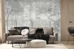 Fototapeta: Mglisty las szare drzewa krajobraz natury na betonowym tle
