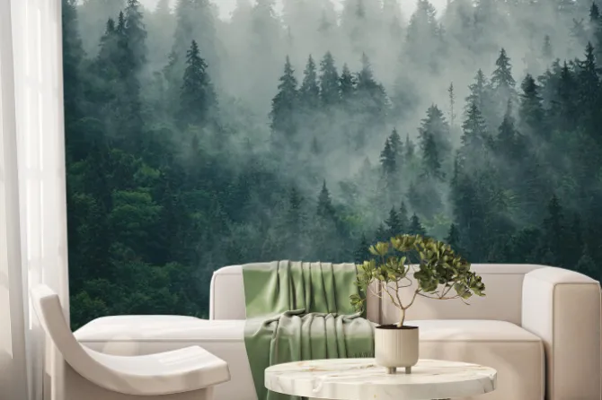 Fototapeta: Mglisty pejzaż górski z poranną mgłą