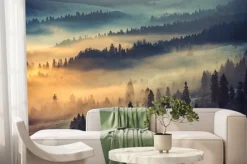 Fototapeta: Mglisty słoneczny poranek w górskim lesie
