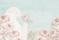 Fototapeta: Miś i różowe kwiaty na błękitnym tle w stylu akwareli