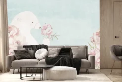 Fototapeta: Miś i różowe kwiaty na błękitnym tle w stylu akwareli