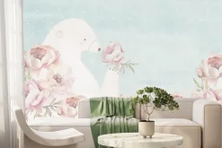 Fototapeta: Miś i różowe kwiaty na błękitnym tle w stylu akwareli