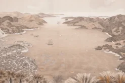 Fototapeta: Miasteczko z górskim horyzontem nad brzegiem morza