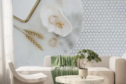 Fototapeta: Minimal fashion composition with golden earrings in seashell