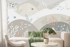 Fototapeta: Minimalistyczny wzór z rybami w pastelowym podwodnym świecie