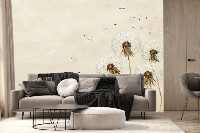 Fototapeta: Mniszki lekarskie z nasionami powiewającymi na wietrze