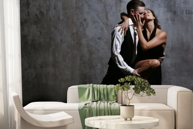 Fototapeta: Młoda ładna kobieta w czarnej sukni i człowiek tańczy tango