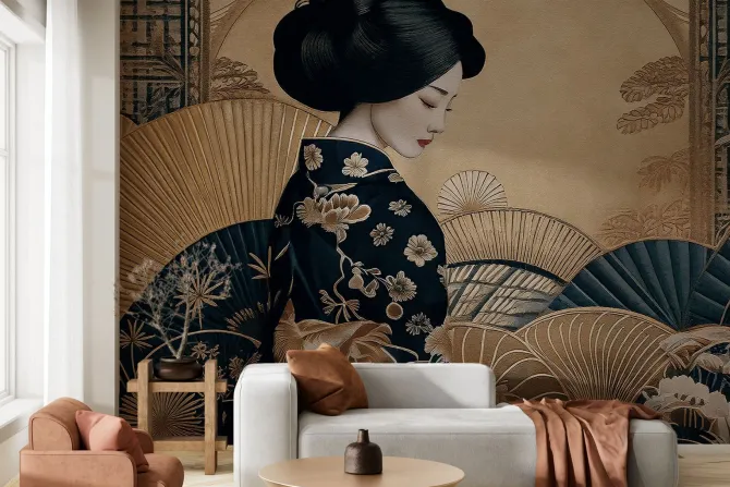 Fototapeta: Młoda gejsza w kimonie wzór w stylu japońskim