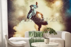 Fototapeta: Młody mężczyzna cool break dance w klubie ze światłami, dymem