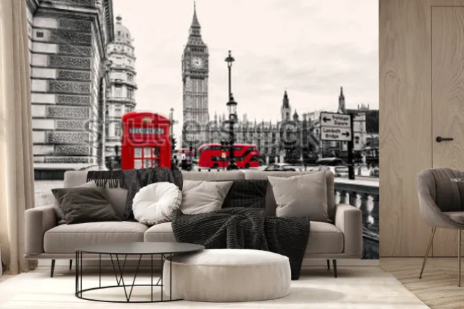 Fototapeta: Monochromatyczny londyn i czerwona budka telefoniczna