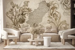 Fototapeta: Monochromatyczny wzór rośliny na tle ceglanego muru