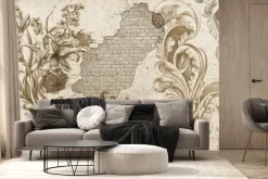 Fototapeta: Monochromatyczny wzór rośliny na tle ceglanego muru