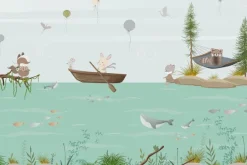 Fototapeta: Morski motyw dla dzieci zwierzątka w łódkach i ryby