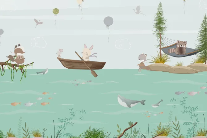 Fototapeta: Morski motyw dla dzieci zwierzątka w łódkach i ryby