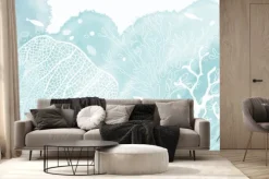 Fototapeta: Morski wzór z koralowcami i rybkami w błękicie