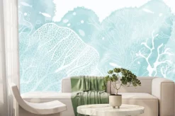 Fototapeta: Morski wzór z koralowcami i rybkami w błękicie