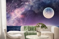 Fototapeta: Morze z ogromnym księżycem i gwiaździstym niebem