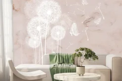 Fototapeta: Motyle i białe dmuchawce na marmurowym tle botaniczny wzór