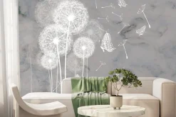 Fototapeta: Motyle i białe dmuchawce na marmurowym tle botaniczny wzór