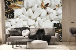 Fototapeta: Motyle i egzotyczne liście 3d na tle białych kamieni