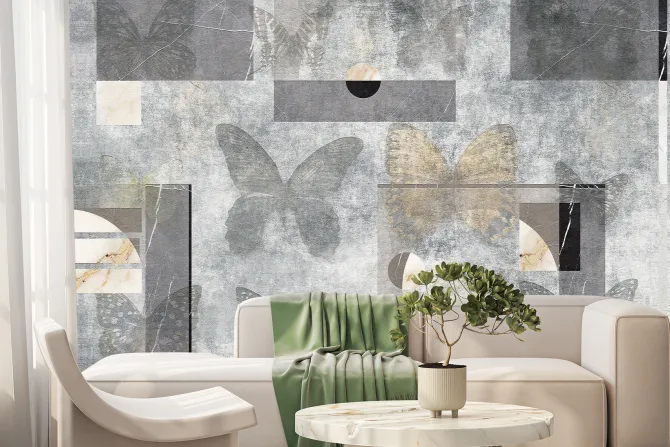 Fototapeta: Motyle i figury geometryczne na betonowym tle abstrakcyjny motyw