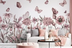 Fototapeta: Motyle i kwiaty polne akwarelowa łąka na jasnym tle