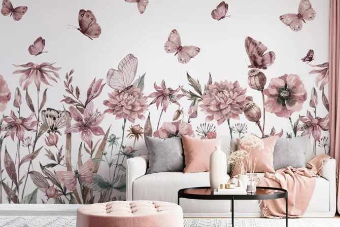 Fototapeta: Motyle i kwiaty polne akwarelowa łąka na jasnym tle