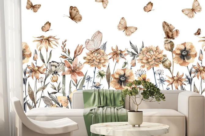 Fototapeta: Motyle i kwiaty polne akwarelowa łąka na jasnym tle