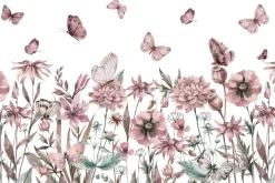 Fototapeta: Motyle i kwiaty polne akwarelowa łąka na jasnym tle