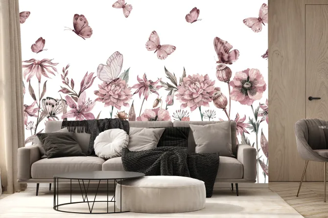 Fototapeta: Motyle i kwiaty polne akwarelowa łąka na jasnym tle