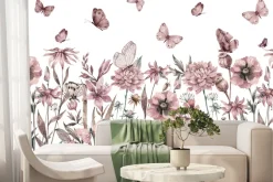 Fototapeta: Motyle i kwiaty polne akwarelowa łąka na jasnym tle