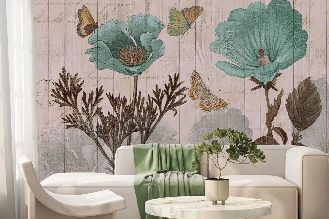 Fototapeta: Motyle i niebieskie kwiaty na tle z desek botaniczny wzór w stylu