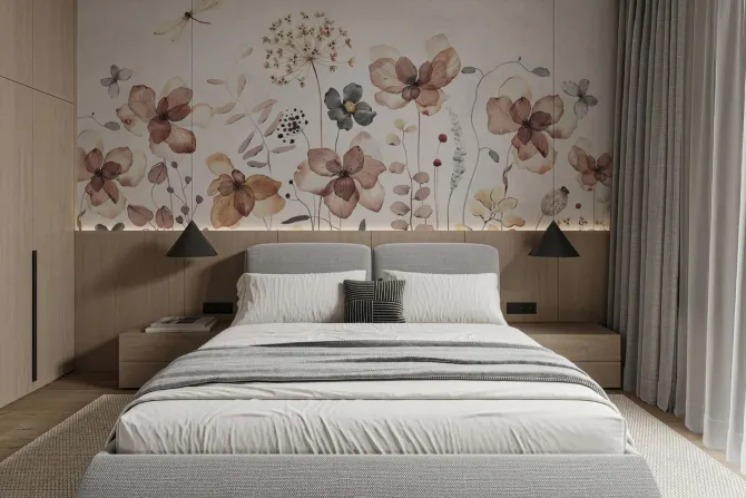 Fototapeta: Motyle i ważki w akwarelowym motywie kwiatów polnych na jasnym