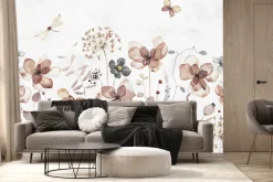 Fototapeta: Motyle i ważki w akwarelowym motywie kwiatów polnych na jasnym