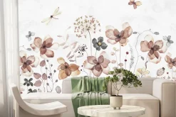 Fototapeta: Motyle i ważki w akwarelowym motywie kwiatów polnych na jasnym