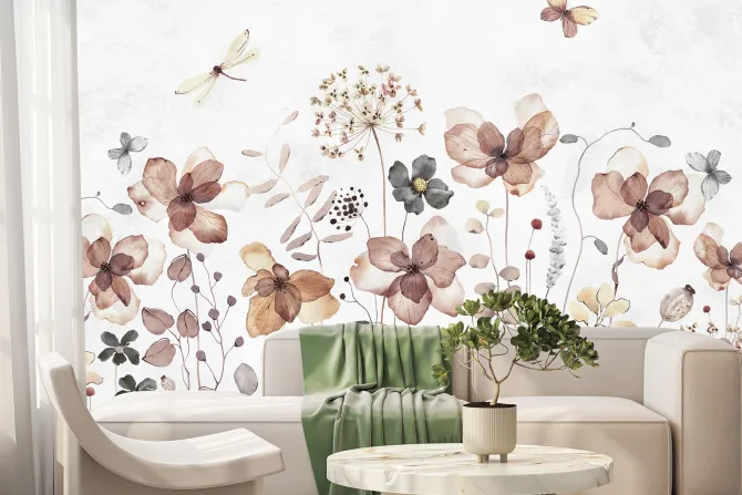 Fototapeta: Motyle i ważki w akwarelowym motywie kwiatów polnych na jasnym