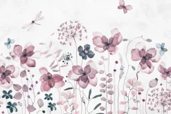 Fototapeta: Motyle i ważki w akwarelowym motywie kwiatów polnych na jasnym
