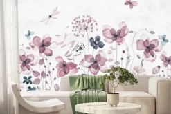 Fototapeta: Motyle i ważki w akwarelowym motywie kwiatów polnych na jasnym