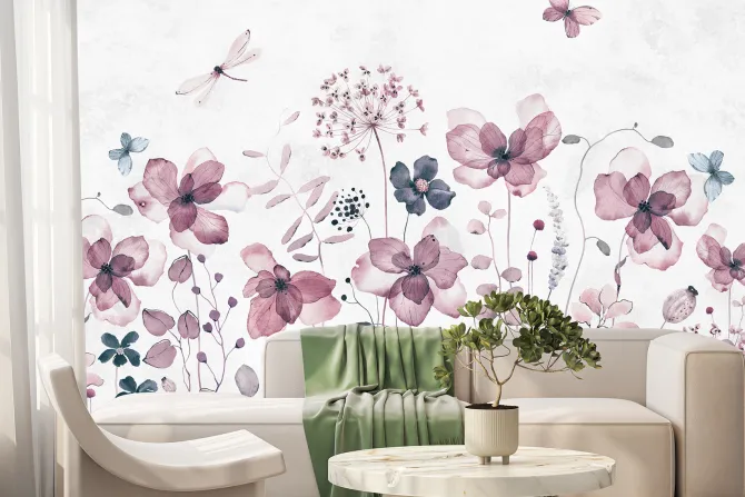 Fototapeta: Motyle i ważki w akwarelowym motywie kwiatów polnych na jasnym