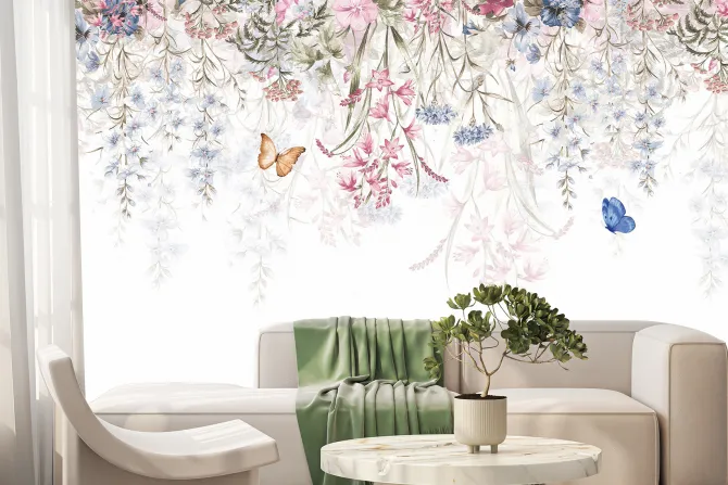 Fototapeta: Motyle i zwisające kwiaty polne na białym tle delikatny kwiatowy