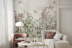 Fototapeta: Motyle na kwiecistej łące akwarelowy botaniczny wzór na jasnym