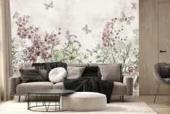 Fototapeta: Motyle na kwiecistej łące akwarelowy botaniczny wzór na jasnym