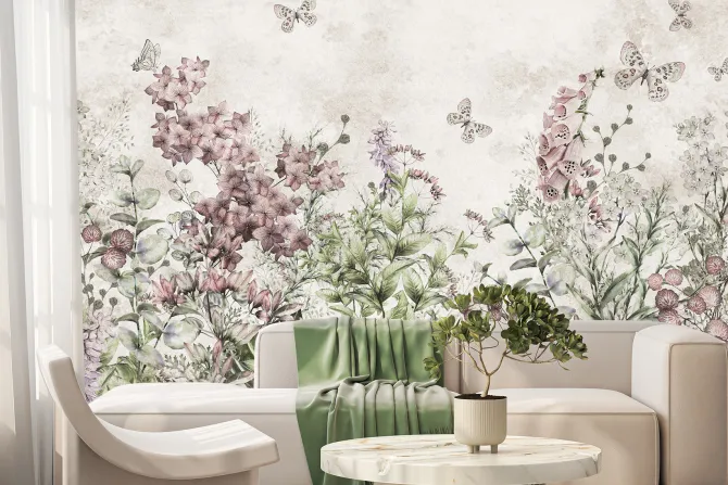 Fototapeta: Motyle na kwiecistej łące akwarelowy botaniczny wzór na jasnym