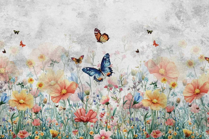 Fototapeta: Motyle nad kolorową kwiecistą łąką na teksturowym tle w odcieniach