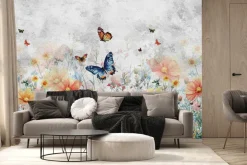 Fototapeta: Motyle nad kolorową kwiecistą łąką na teksturowym tle w odcieniach