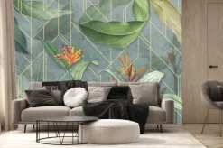 Fototapeta: Mural geometryczno-botaniczny z kwitnącymi egzotycznymi kwiatami